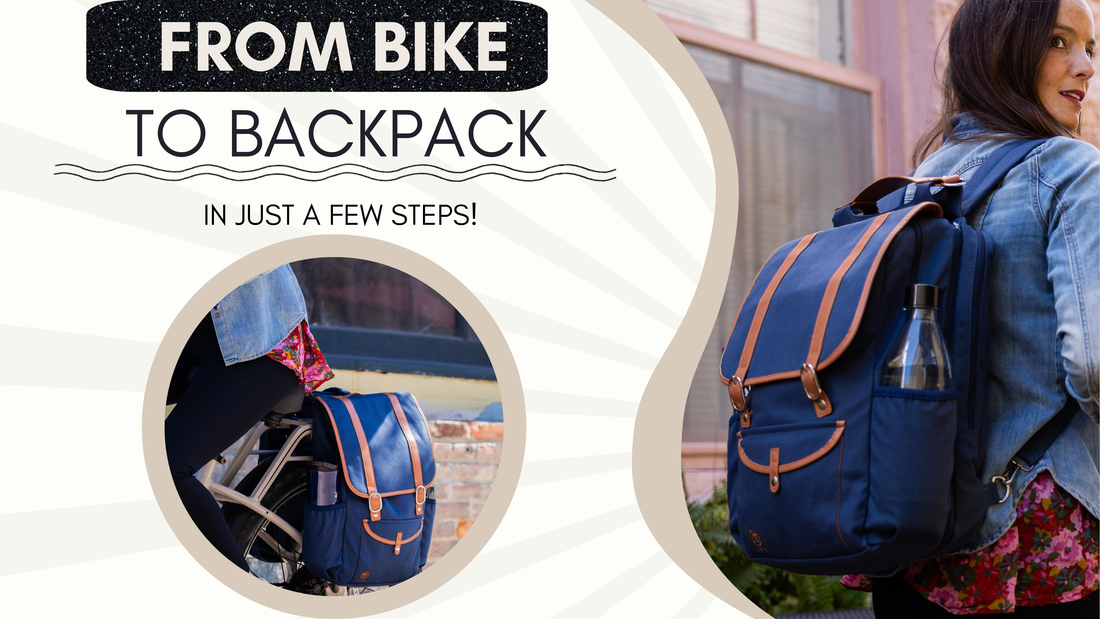 Sheyd double pannier easily converts from bike pannier bags on a rack to a stylish commuter rucksack — perfect for city cyclists using rear bike bags or saddle bags